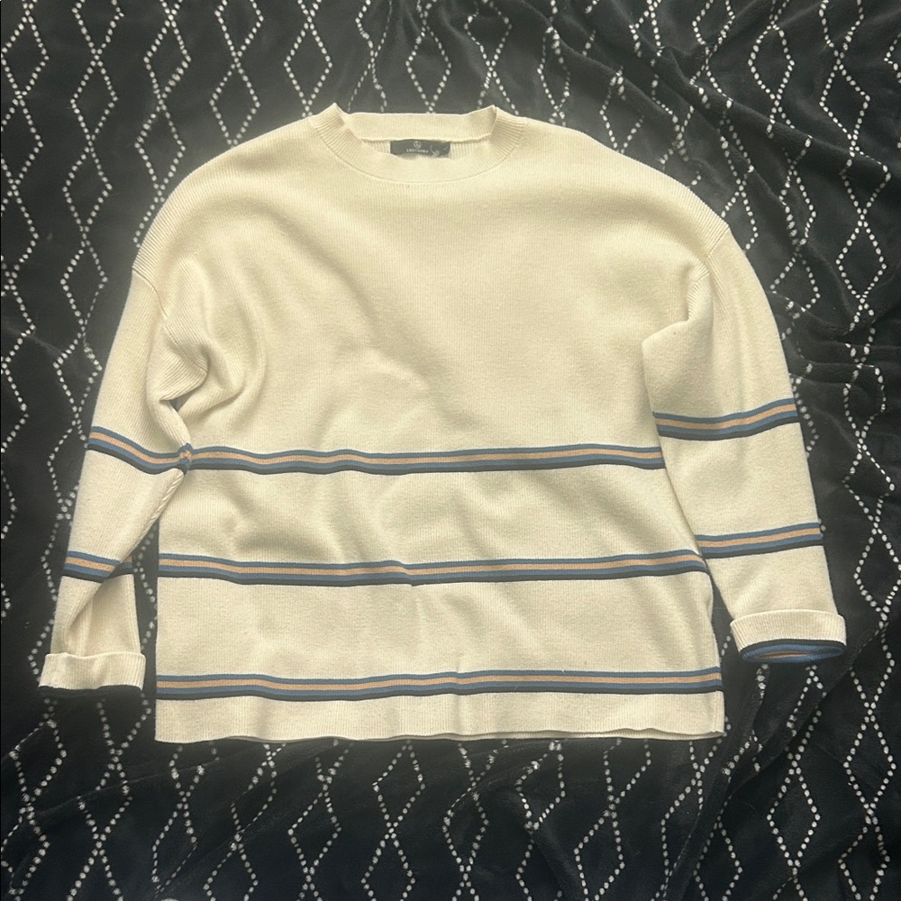 Classic Beige Crewneck Sweater with Blue Stripes